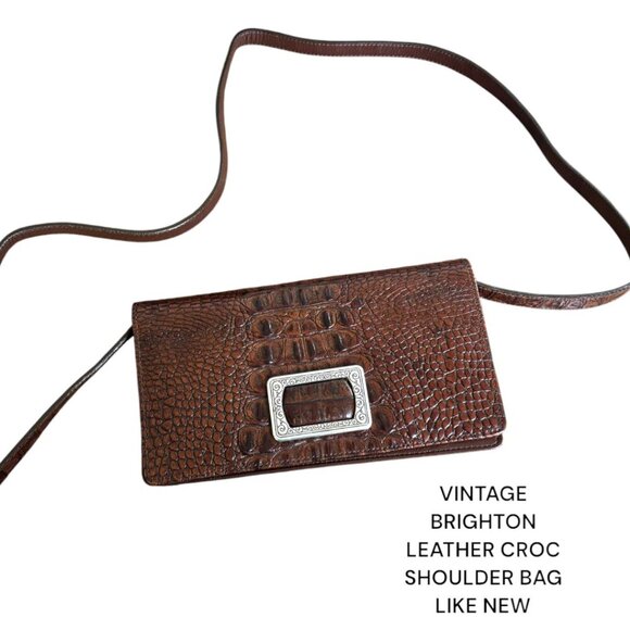 VINTAGE BRIGHTON BROWN LEATHER CROC SHOULDER PURSE BAG LIKE NEW - Picture 1 of 4